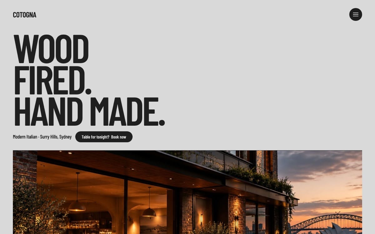 Cotogna example website: wood fired, hand made, modern Italian in Surry Hills